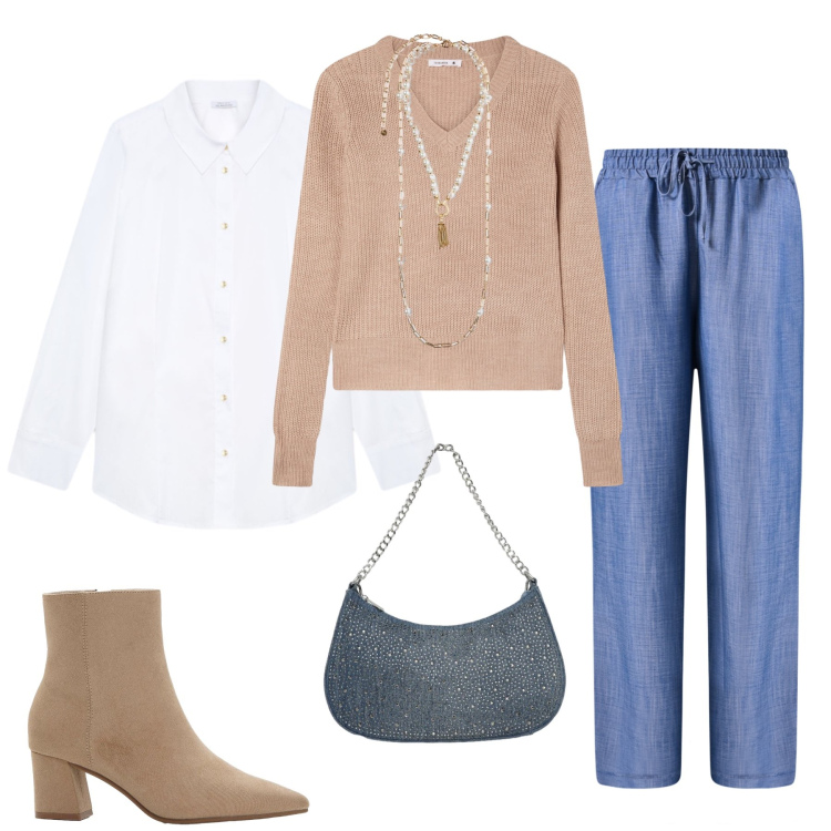 Outfit donna - Blue Denim & Sandy Layers. Stile Casual chic per Tutti i giorni. Abbinamento con stivaletti, maglieria, borse a tracolla, camicie, collane, pantaloni.