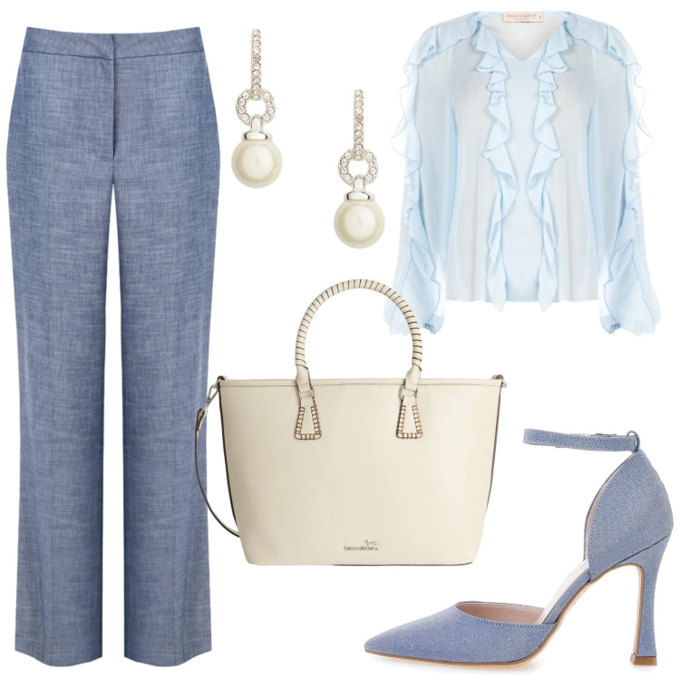 Outfit donna - Total look #2351971. Stile Bon Ton per Ufficio. Abbinamento con shopping bag, pantaloni, bluse, orecchini, décolleté.