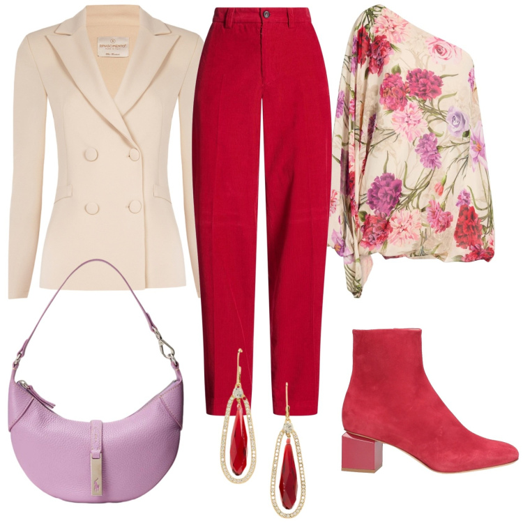 Outfit donna - Primavera in ufficio. Stile Casual chic per Ufficio. look ideale per Tall. Abbinamento con top, pantaloni, stivaletti, blazer, orecchini, borse a spalla.