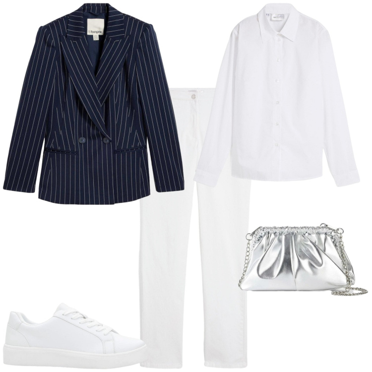 Outfit donna - Trendy in ufficio week end. Stile Trendy per Ufficio. Abbinamento con blazer, pantaloni, camicie, sneakers, borse a tracolla.