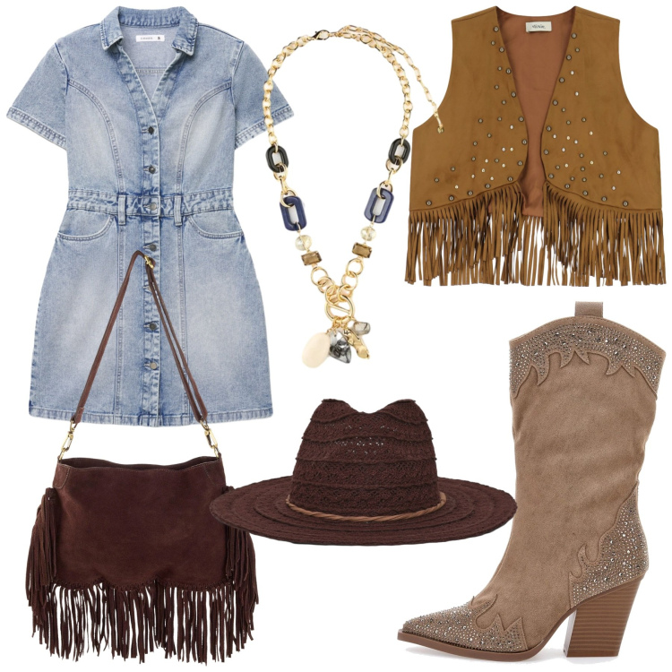 Outfit donna - Total look #2351974. Stile Boho per Tutti i giorni. Abbinamento con borse a tracolla, vestiti corti, cappelli, collane, gilet, stivali.