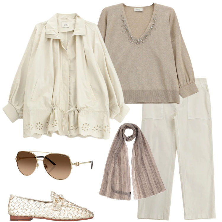 Outfit donna - Primavera. Stile Casual chic per Tutti i giorni. Abbinamento con mocassini, sciarpe, maglieria, parka, pantaloni, occhiali da sole.