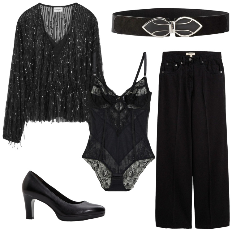 Outfit donna - Total black. Stile Trendy per Serata fuori. Abbinamento con décolleté, pantaloni, cinture, body, bluse.
