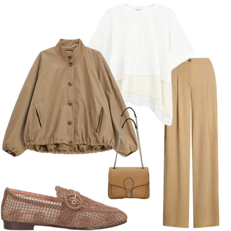 Outfit donna - Primavera. Stile Casual chic per Tutti i giorni. Abbinamento con mocassini, t-shirt, bomber, pantaloni, borse a spalla.