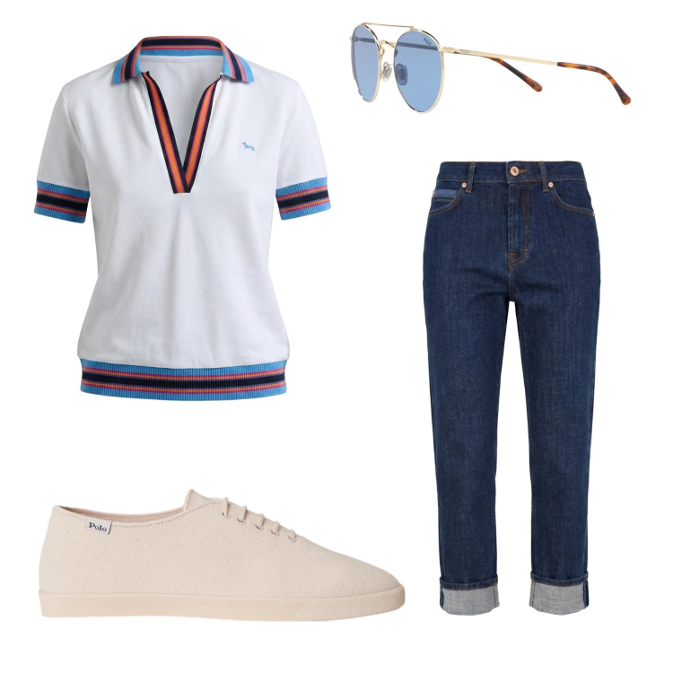 Outfit donna - Blue Breeze & Tennis Club Vibe. Stile Preppy per Tutti i giorni. Abbinamento con polo, jeans, sneakers, occhiali da sole.