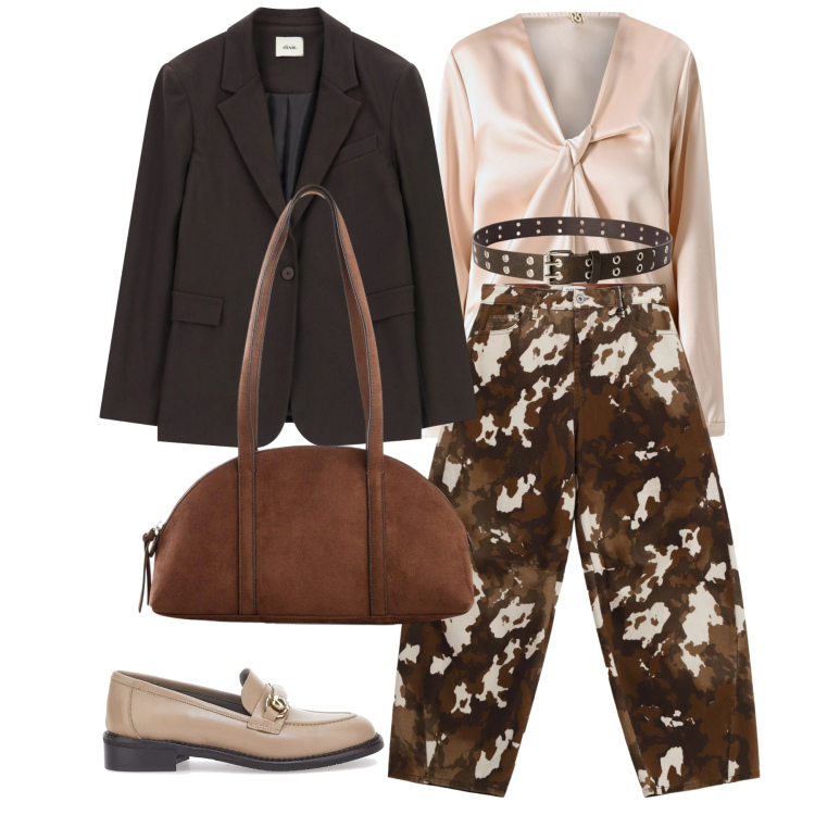 Outfit donna - Bantoa SS26. Stile Casual chic per Tutti i giorni. Abbinamento con borse a tracolla, cinture, blazer, pantaloni a palazzo, bluse, mocassini.