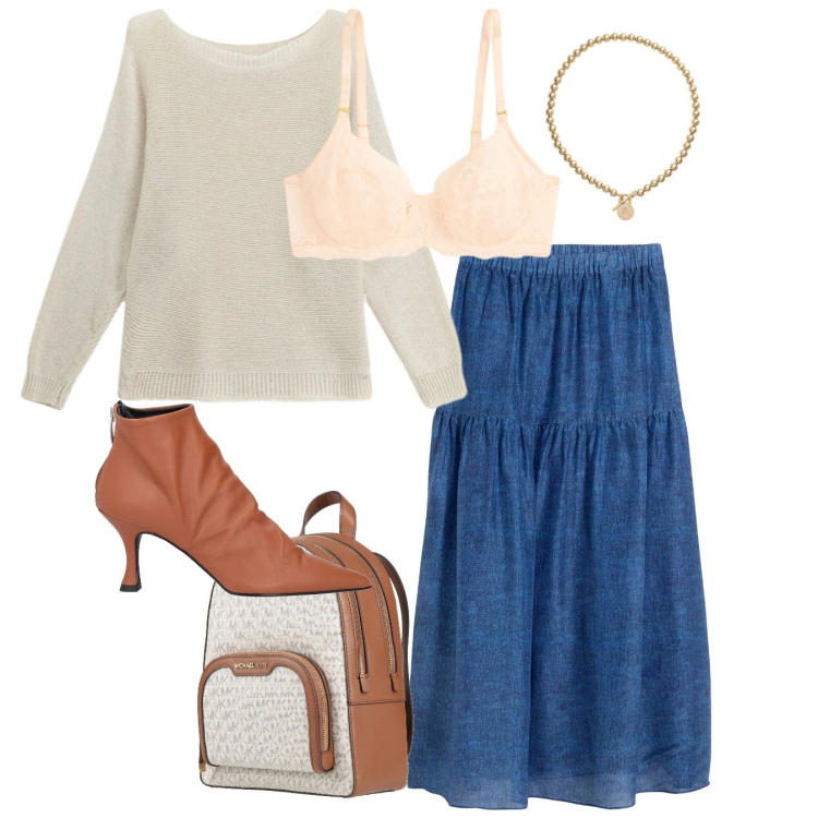 Outfit donna - Bantoa SS26. Stile Romantica per Tutti i giorni. Abbinamento con stivaletti, zaini, gonne lunghe, maglieria, collane, reggiseni.