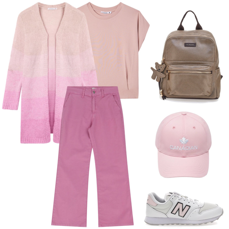 Outfit donna - Pink Sunset Shades. Stile Urban per Scuola/Università. Abbinamento con t-shirt, cardigans, jeans, berretti, zaini, sneakers.