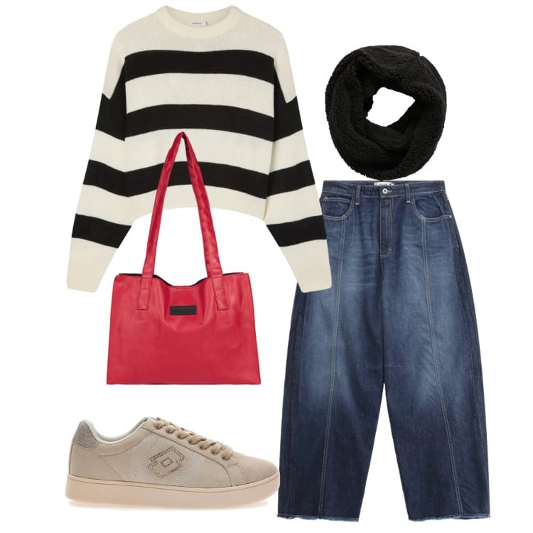Outfit donna - Basic. Stile Basic per Tutti i giorni. Abbinamento con maglieria, sciarpe, shopping bag, jeans, sneakers.