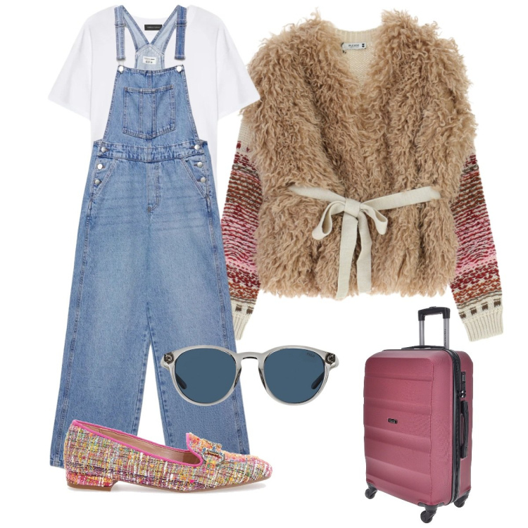 Outfit donna - Fashion week end. Stile Casual per Tutti i giorni. Abbinamento con salopette, t-shirt, maglieria, occhiali da sole, mocassini, valigie.