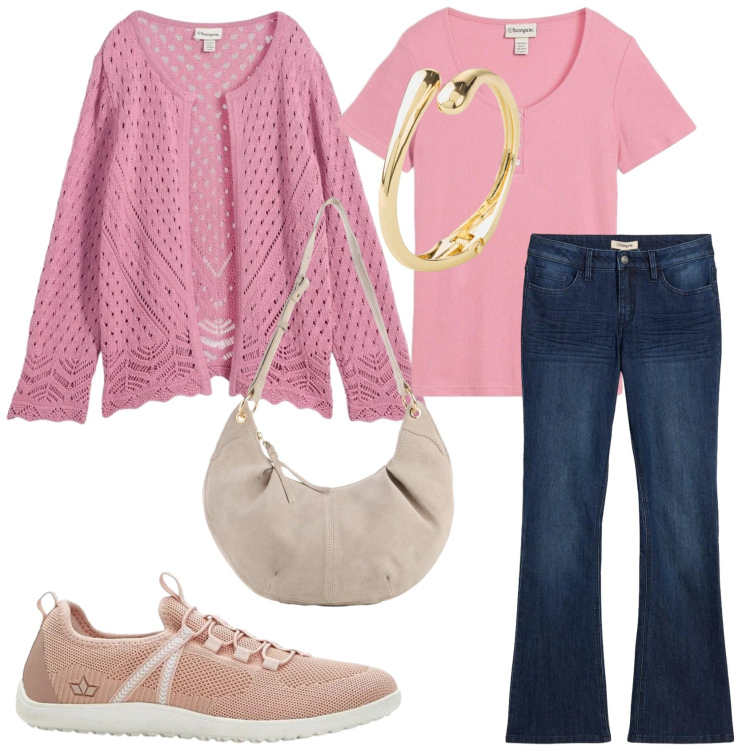 Outfit donna - Tendenza uncinetto. Stile Romantica per Tutti i giorni. Abbinamento con cardigans, jeans a zampa, t-shirt, sneakers, braccialetti, borse a tracolla.