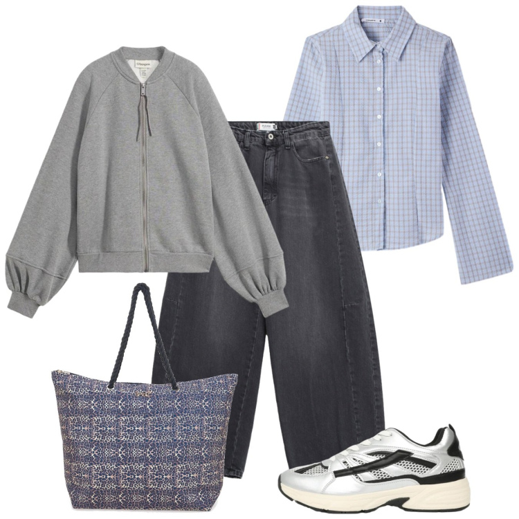 Outfit donna - Passeggiata. Stile Basic per Tutti i giorni. Abbinamento con bomber, camicie, sneakers, jeans, shopping bag.