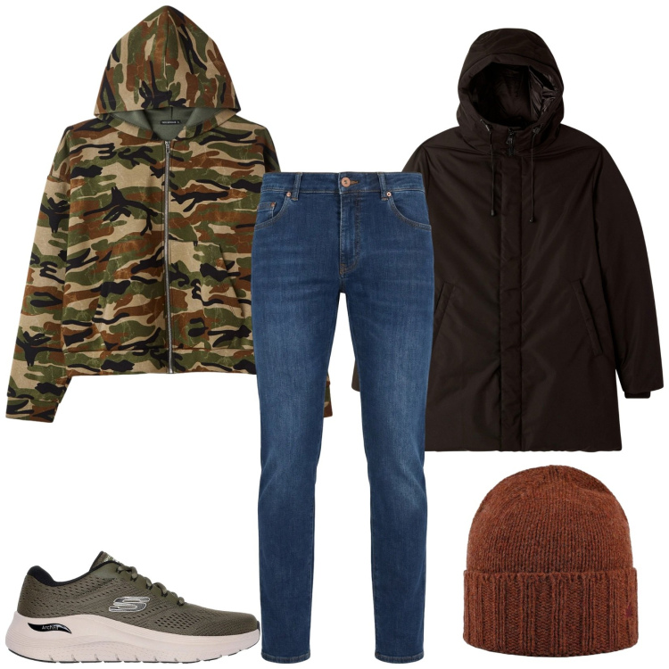 Outfit uomo - Camouflage style. Stile Casual per Tutti i giorni. Abbinamento con jeans, parka, felpe con cappuccio, cappelli, sneakers.