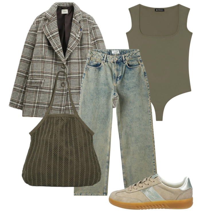 Outfit donna - Oliva. Stile Basic per Ufficio. Abbinamento con shopping bag, jeans, blazer, body, sneakers.