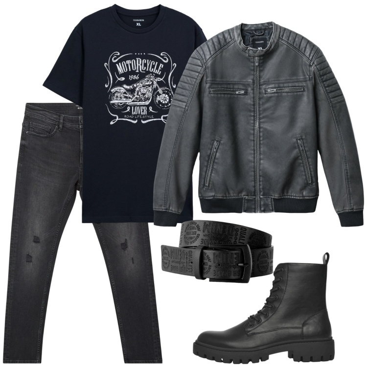 Outfit uomo - Serata da bikers. Stile Biker Rock per Serata speciale. Abbinamento con cinture, anfibi, giacche, jeans strappati, t-shirt.