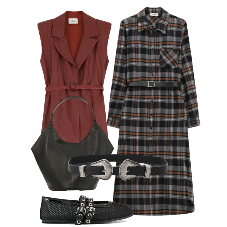 Outfit donna - Prêt-à-porter. Stile Bon Ton per Ufficio. Abbinamento con vestiti midi/longuette, cinture, borse a spalla, gilet, ballerine.