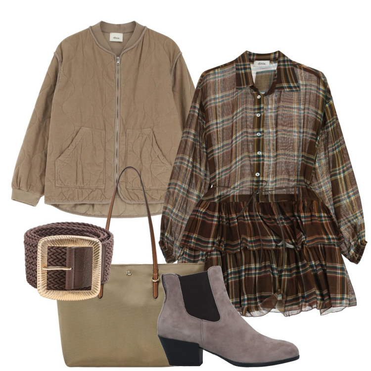 Outfit donna - Tartan di primavera. Stile Romantica per Tutti i giorni. Abbinamento con stivaletti chelsea, cinture, vestiti corti, giacche, borse tote.