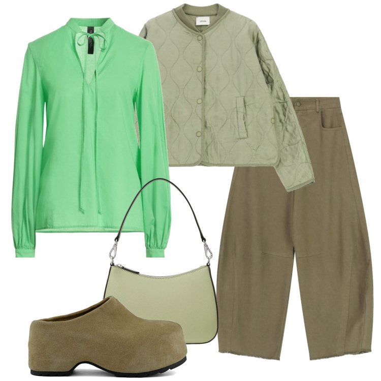 Outfit donna - Verde di città. Stile Casual per Tutti i giorni. Abbinamento con top, giacche, pantaloni a palazzo, borse a spalla, zoccoli.