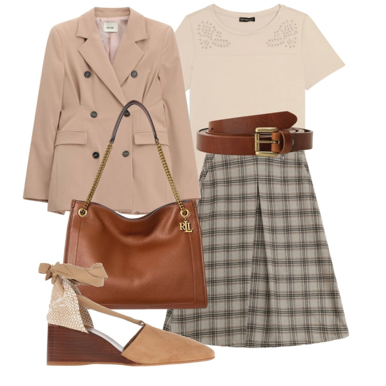 Outfit donna - Gonna a marzo. Stile Bon Ton per Tutti i giorni. Abbinamento con décolleté, blazer, gonne longuette, cinture, t-shirt, borse tote.