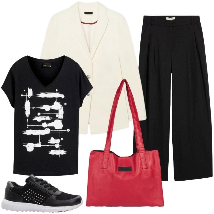 Outfit donna - Total look #2352015. Stile Sporty chic per Tutti i giorni. Abbinamento con pantaloni, t-shirt, sneakers, blazer, shopping bag.