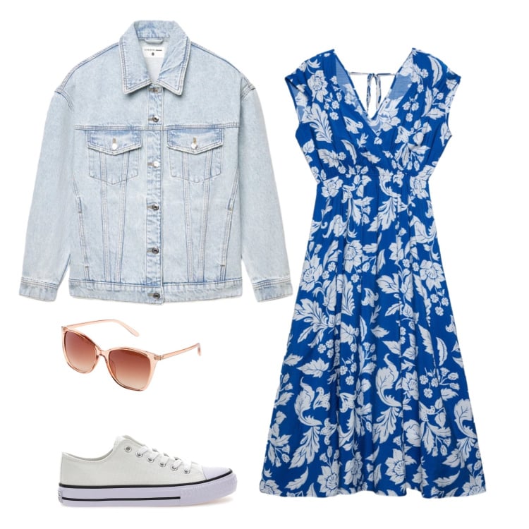 Outfit donna - Blue Bloom & Denim Crush. Stile Casual per Tutti i giorni. Abbinamento con occhiali da sole, vestiti midi/longuette, cappotti, sneakers.