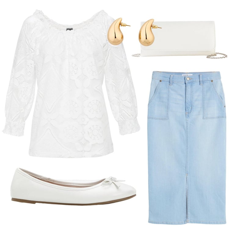 Outfit donna - Jeans e look romantico. Stile Romantica per Tutti i giorni. Abbinamento con maglieria, gonne, pochette, ballerine, orecchini.