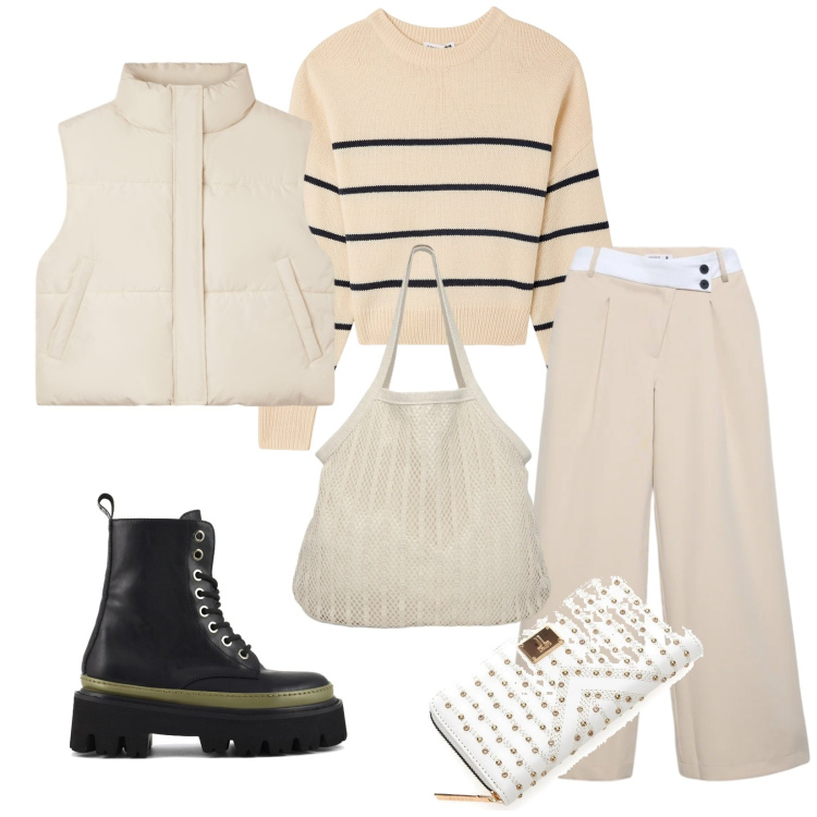 Outfit donna - Total look #2352020. Stile Casual chic per Tutti i giorni. Abbinamento con piumini, pantaloni, shopping bag, maglieria, portafogli, anfibi.