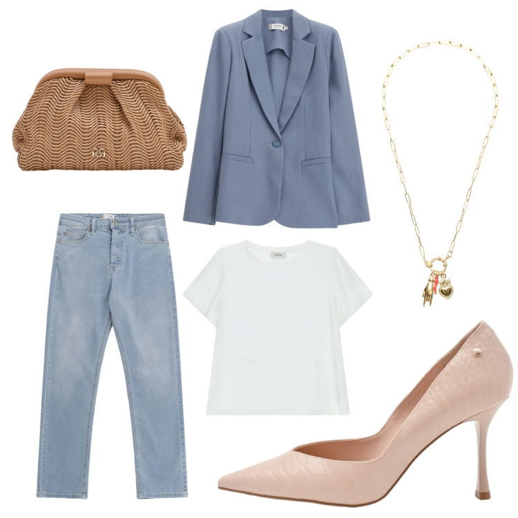 Outfit donna - Blue is the New Season. Stile Chic per Tutti i giorni. Abbinamento con t-shirt, ciondoli, jeans, blazer, pochette, décolleté.