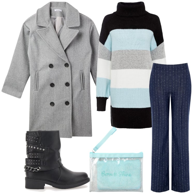 Outfit donna - Total look #2352022. Stile Casual chic per Tutti i giorni. Abbinamento con maglieria, pochette, cappotti, pantaloni, stivaletti.