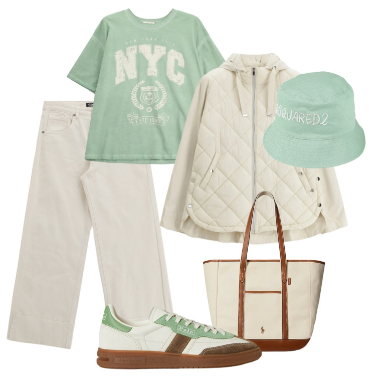 Outfit donna - Pastello per tutti i giorni. Stile Casual per Tutti i giorni. Abbinamento con cappelli, t-shirt, jeans, giacche, borse tote, sneakers.