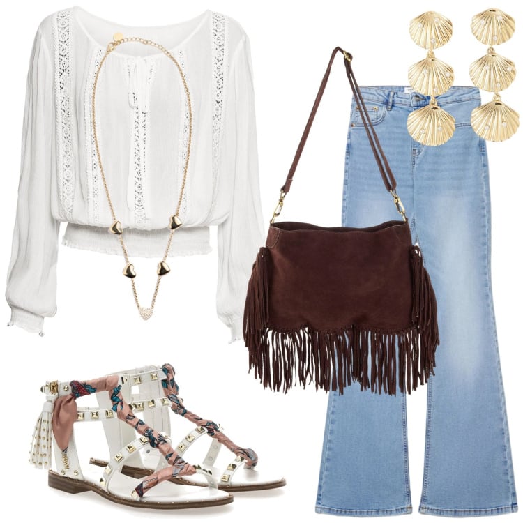 Outfit donna - \'70s vibes. Stile 70s per Tutti i giorni. Abbinamento con bluse, borse a tracolla, jeans a zampa, orecchini, collane, sandali.
