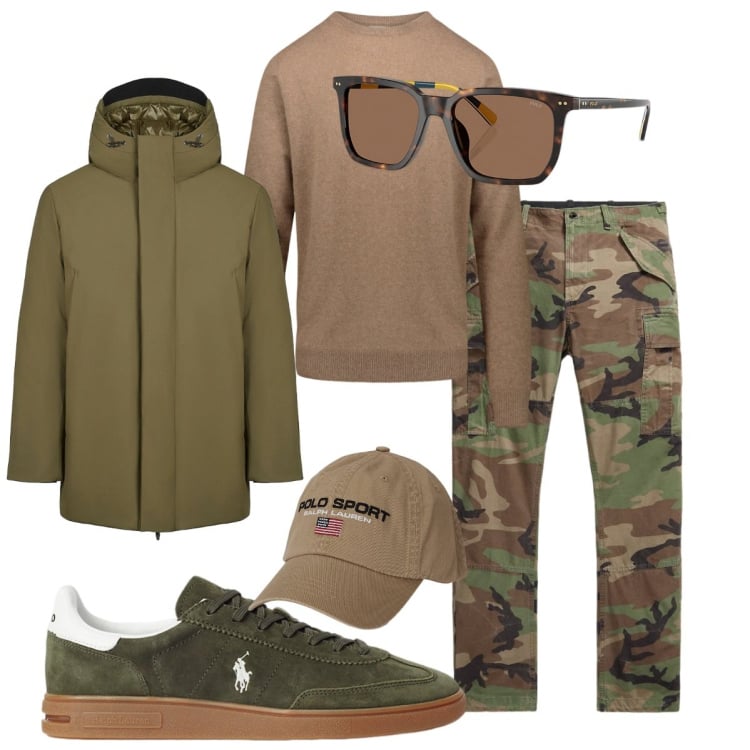 Outfit uomo - Man 2026. Stile Trendy per Tutti i giorni. Abbinamento con eskimo, occhiali da sole, sneakers, pantaloni cargo, cappelli, maglieria.