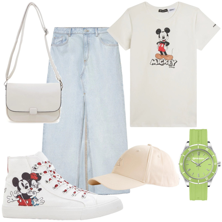 Outfit donna - Total look #2352026. Stile Basic per Tutti i giorni. Abbinamento con sneakers alte, cappelli con visiera, gonne lunghe, t-shirt, orologi, borse a tracolla.