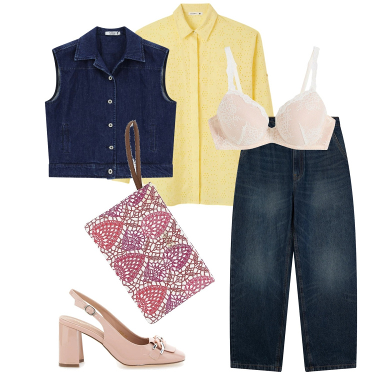 Outfit donna - Marzo. Stile Chic per Tutti i giorni. Abbinamento con reggiseni, camicie, jeans, gilet, décolleté, pochette.