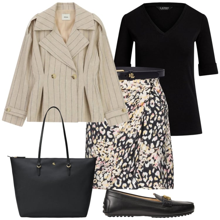 Outfit donna - Maculato e gessato. Stile Bon Ton per Tutti i giorni. Abbinamento con minigonne, blazer, cinture, t-shirt, mocassini, borse tote.