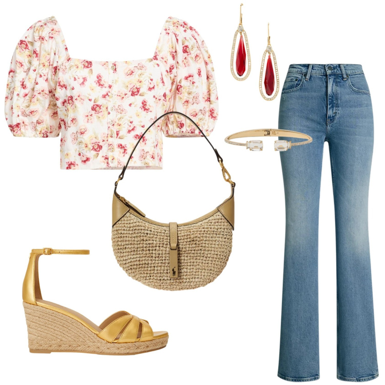 Outfit donna - Jeans e fiori di primavera. Stile Trendy per Tutti i giorni. Abbinamento con camicie a manica corta, jeans bootcut, zeppe, orecchini, braccialetti, borse a spalla.