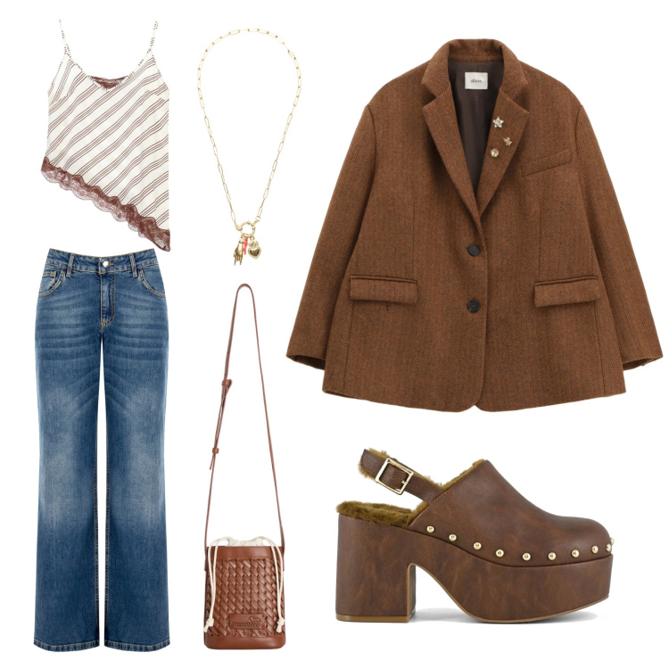 Outfit donna - Blazer di primavera - @Laloba. Stile Boho per Tutti i giorni. Abbinamento con borse a secchiello, blazer, top, ciondoli, jeans, sabot.