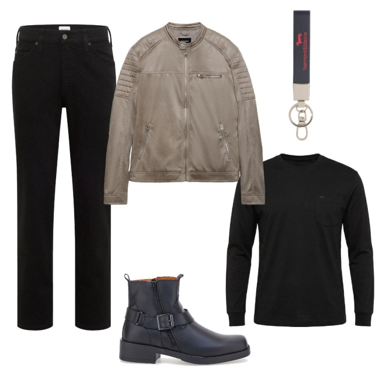 Outfit uomo - Bobo: offro io!. Stile Biker Rock per Serata speciale. Abbinamento con jeans dritti, t-shirt, portachiavi, giacche, stivali e stivaletti.