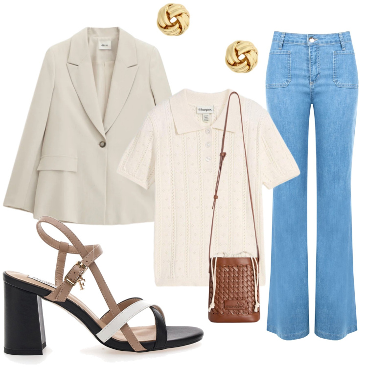 Outfit donna - Total look #2352040. Stile Casual chic per Serata fuori. Abbinamento con t-shirt, borse a secchiello, blazer, jeans, orecchini, sandali col tacco.