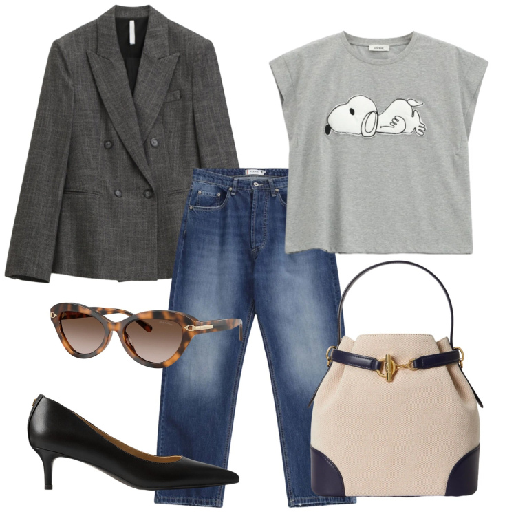 Outfit donna - Basic chic. Stile Casual chic per Tutti i giorni. Abbinamento con blazer, t-shirt, jeans dritti, borse a secchiello, occhiali da sole, décolleté.