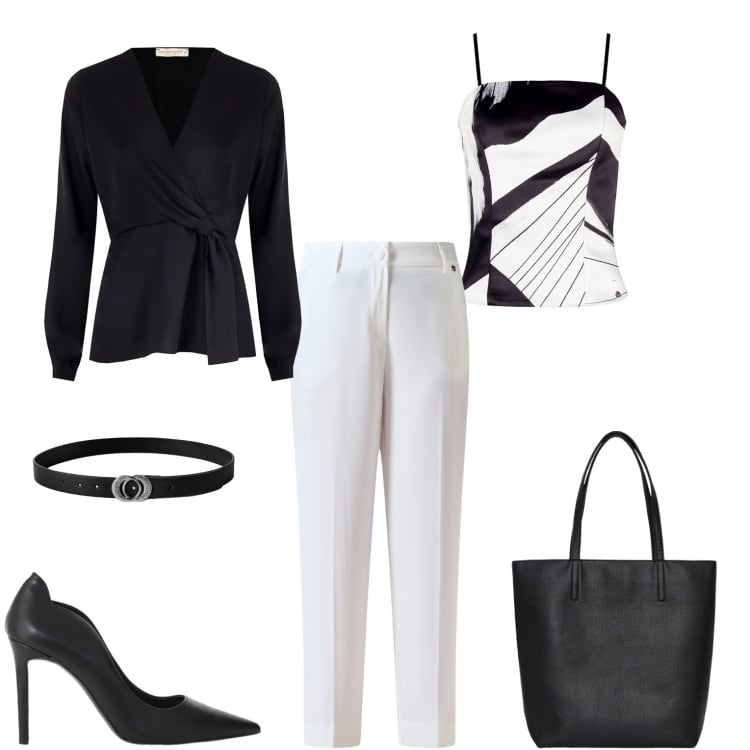 Outfit donna - Serata fuori. Stile Casual chic per Serata fuori. Abbinamento con borse tote, cinture, décolleté, canottiere, pantaloni, bluse.