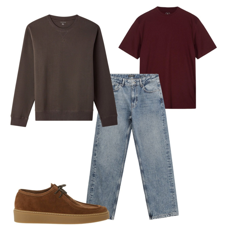 Outfit uomo - Un fine settimana. Stile Casual per Tutti i giorni. Abbinamento con jeans dritti, scarpe stringate, felpe, t-shirt.