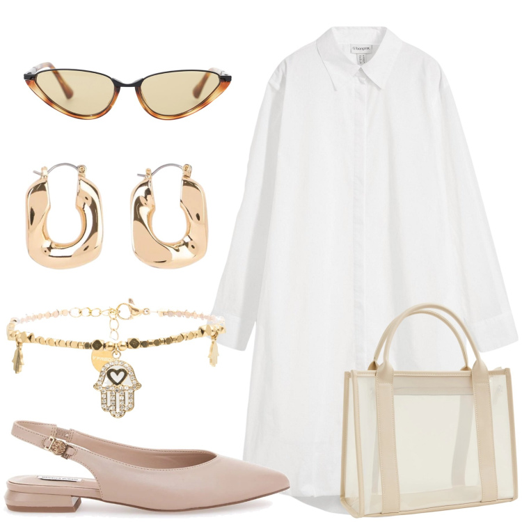 Outfit donna - Total look #2352059. Stile Casual per Ufficio. Abbinamento con vestiti chemisier, orecchini, occhiali da sole, borse tote, braccialetti, ballerine.