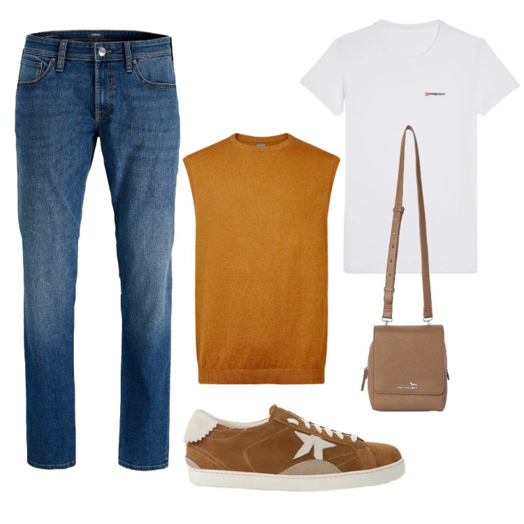 Outfit uomo - Donato: in università.. Stile Urban per Tutti i giorni. Abbinamento con jeans, borse sportive, sneakers, t-shirt, gilet.