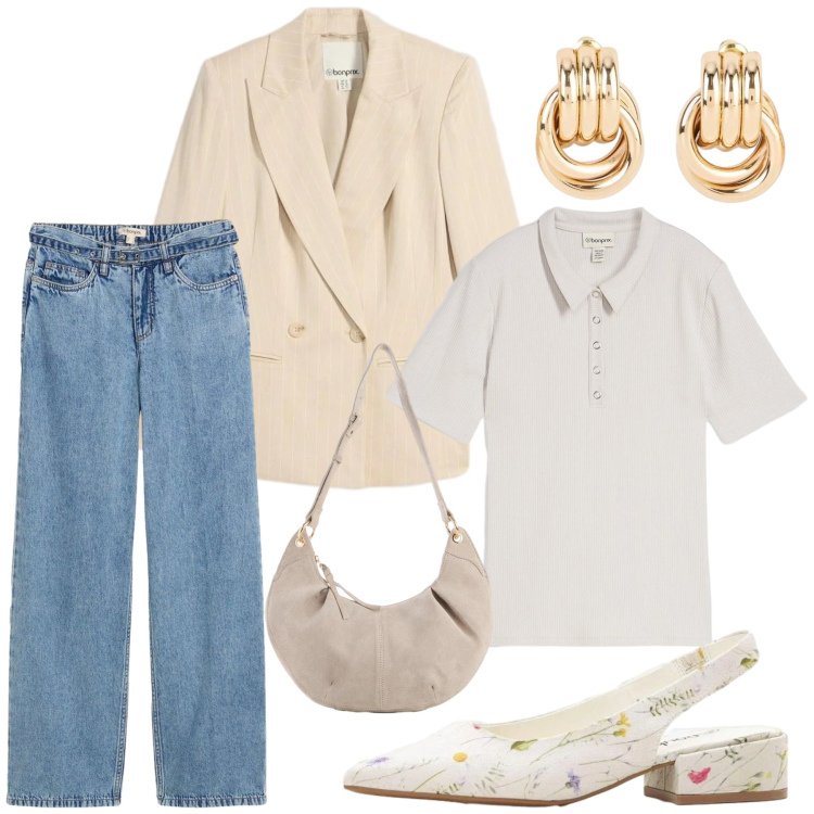 Outfit donna - Total look #2352065. Stile Casual chic per Ufficio. Abbinamento con polo, décolleté, orecchini, blazer, borse a tracolla, jeans dritti.