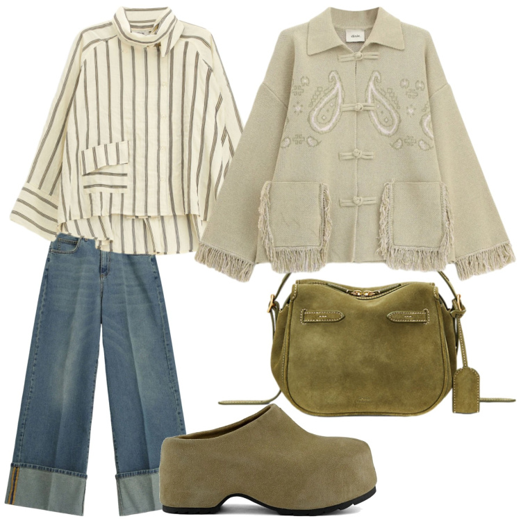 Outfit donna - Look. Stile Casual per Tutti i giorni. Abbinamento con cardigans, jeans, camicie, borse a mano, zoccoli.