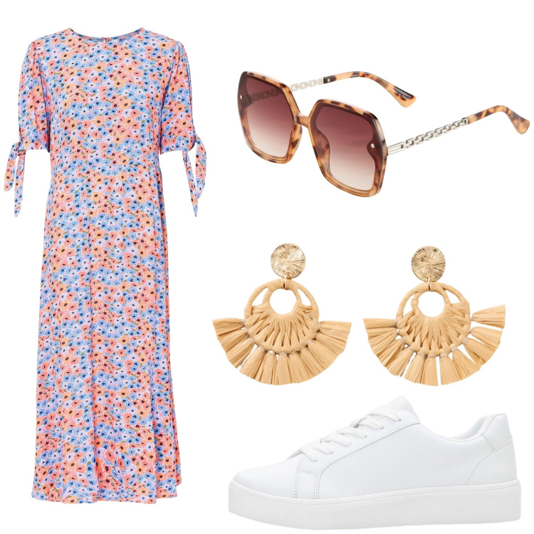 Outfit donna - Total look #2352075. Stile Basic per Tutti i giorni. Abbinamento con vestiti midi/longuette, occhiali da sole, sneakers, orecchini.