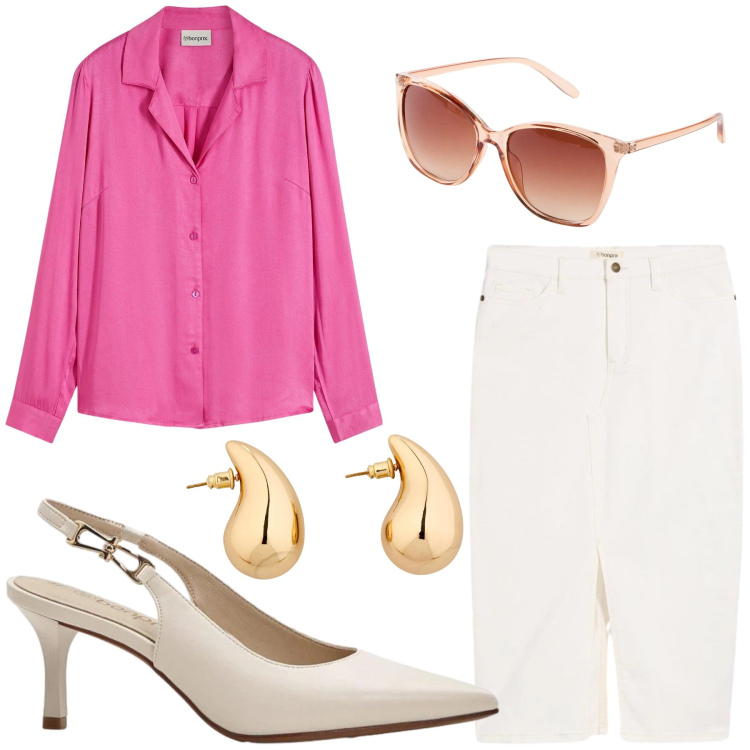 Outfit donna - Total look #2352076. Stile Casual per Ufficio. Abbinamento con décolleté, orecchini, gonne longuette, camicie, occhiali da sole.