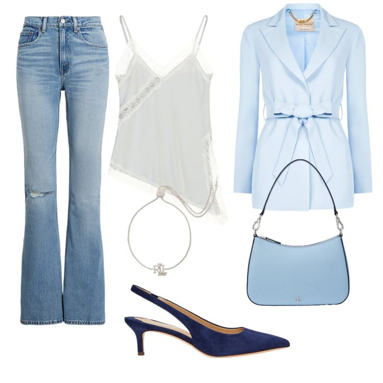 Outfit donna - Arianna: sempre bon ton. Stile Romantica per Tutti i giorni. Abbinamento con canottiere, blazer, borse a spalla, décolleté, braccialetti, jeans.