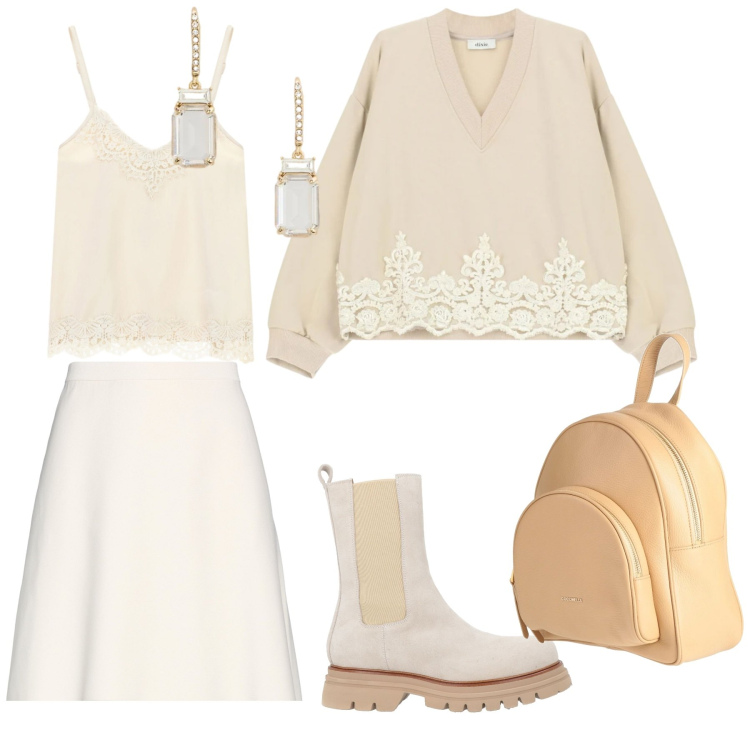 Outfit donna - Look. Stile Casual per Tutti i giorni. Abbinamento con stivaletti, minigonne, zaini, felpe, top, orecchini.